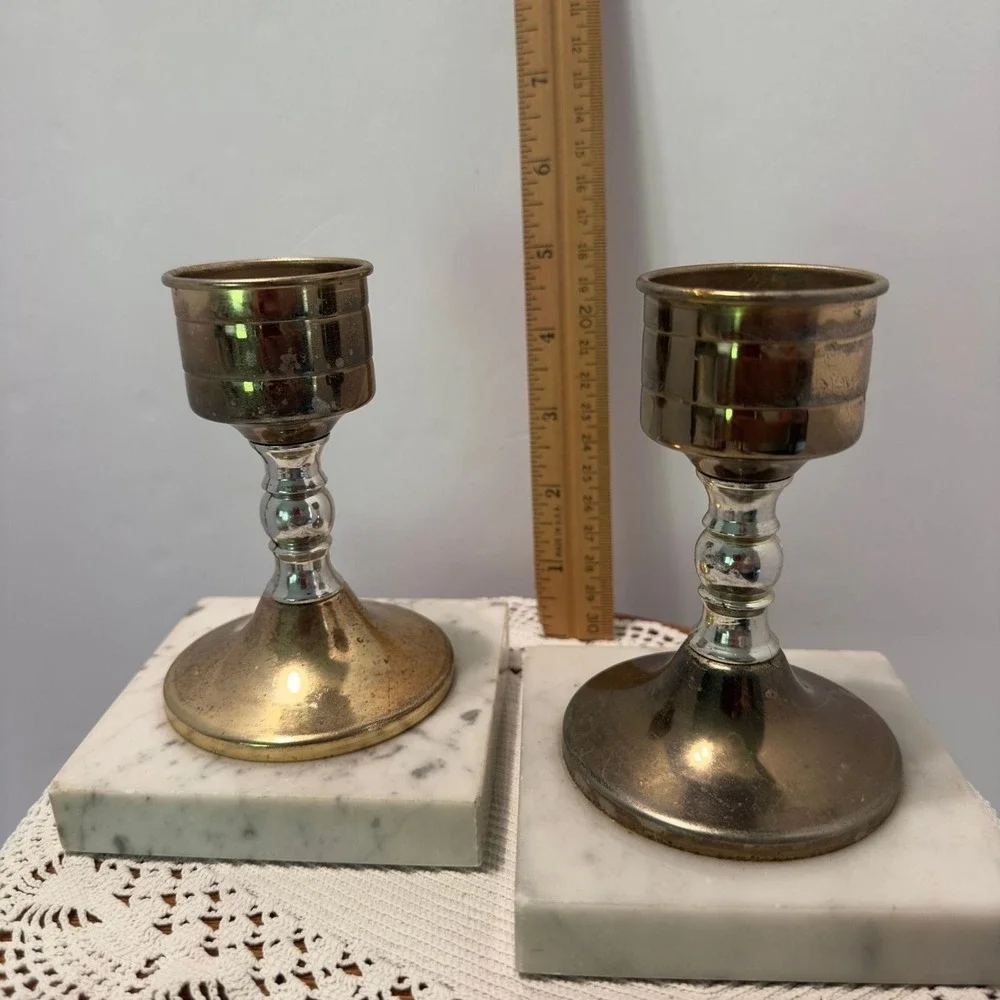 Vintage Brass Silver Metal Candle Holders White Marble Square Base Pair Set of 2
